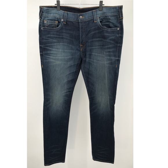 True Religion Mens Rocco Dark Wash Relaxed Skinny Button Fly Jeans 42